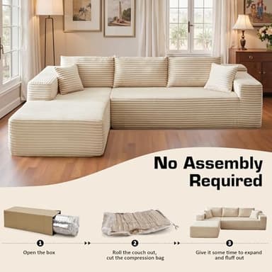 106" Cloud Sectional Couch with Chaise Lounge,L Shaped Modular Modern Sofa,Comfy Corduroy Fluffy Couches with Deep Seat,No Assembly Required Couch for Living Room(Left,Plush Corduroy,Beige) - Image 3