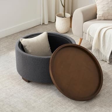 Zihanhome 30 Inch Round Storage Ottoman Coffee Table, Modern Boucle Ottoman with Lift-Off Lid and Solid Wood Legs for Living Room, Bedroom, Corners, Apartments (Grey) - Image 6