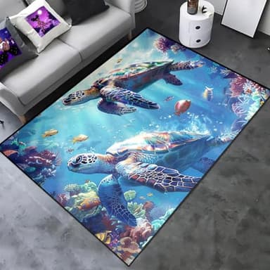 Sea Turtle Carpet Rug - Kids Coastal Rugs for Bedroom Ocean Life Theme, 47" L x 31" W - Image 2