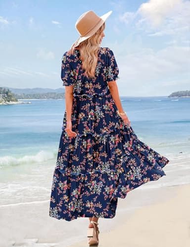 YESNO Summer Casual Bohemian Floral Dresses for Women Puff Short Sleeve Long Maxi Dress with Pockets (M ETX CR30) - Image 2