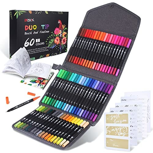 ZSCM 60 Colors Markers for Adult Coloring Books No Bleeding - Duo Tip Brush Pen, Artist Fine & Brush Coloring Markers for Adult Calligraphy, Drawing, Sketching & Journaling - Image 1