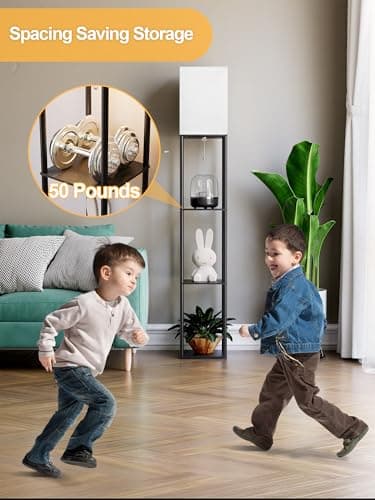 Floor Lamp with Shelves for Living Room, Shelf Floor Lamp with 3 CCT LED Bulb, Corner Display Standing Column Lamp Etagere Organizer Tower Nightstand with White Linen Shade for Bedroom, Office - Image 4