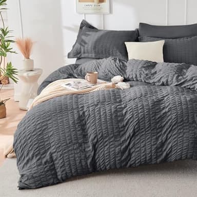 HYMOKEGE 7 Piece King Size Comforter Set Seersucker, All Season Luxury Bed in a Bag for Bedroom, Bedding Set with Comforters, Sheets, Pillowcases & Shams, Dark Grey - Image 2