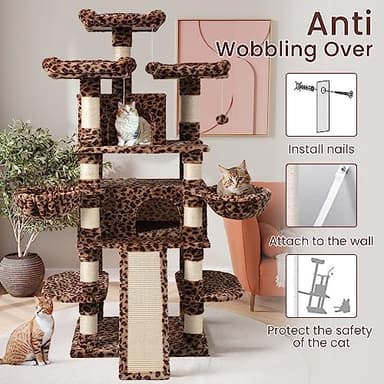 SHA CERLIN 68 Inches Multi-Level Large Cat Tree for Large Kitties/Big Cat Tower with Condo/Cozy Plush ‌Pussycat Perches/Sisal Scratching Posts and Hammocks/Activity Center/Leopard Print - Image 7