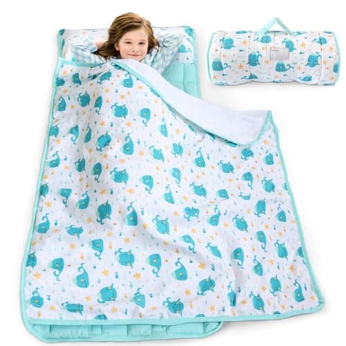 Toddler Nap Mat with Pillow and Blanket, Cot Nap Mats for Daycare Preschool, Lightweight Portable Travel Sleeping Bag for Kids, Warm & Skin-Friendly, Blue Whale, 50" x 21" - Image 1