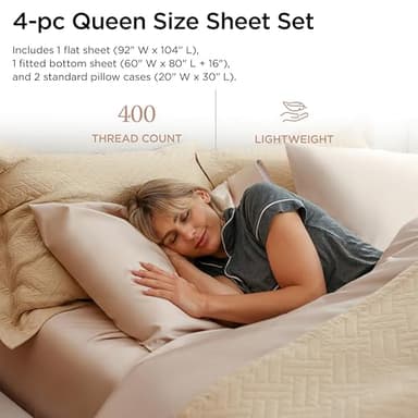 Threadmill Egyptian Cotton Queen Sheet Set | 100% Certified Egyptian Cotton Bed Sheets for Queen Size Bed | Queen Bed Sheets Set with Snug Fit 16" Deep Pocket | Soft Cooling Sateen Bedding Set | Beige - Image 2
