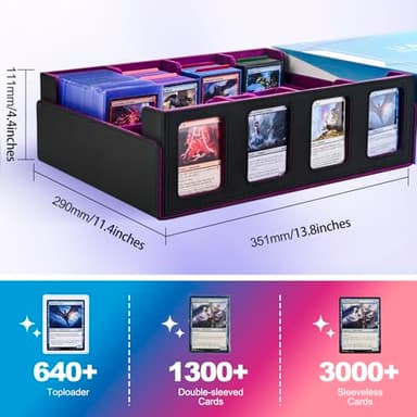 UAONO Trading Card Storage Box with Commander Display; 2400+ Deck Box for MTG with Removable Cover; Toploader Card Case fits Magic TCG PTCG Sports Cards; 24 Dividers, 4 Stoppers (Black, Purple) - Image 4