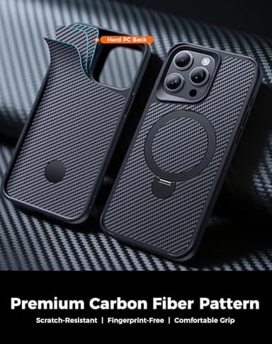 FlyReal Designed for iPhone 15 Pro Max Case with 360° Magnetic Stand, Carbon Fiber Phone Case [Compatible with Magsafe] [16FT Military Protection] with Stand Ring 6.7'', Black - Image 4