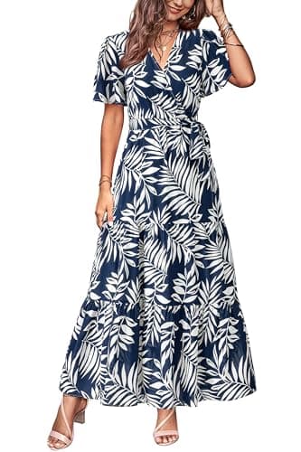 MASCOMODA Womens Summer Boho Maxi Dress Floral Wrap V Neck Flutter Short Sleeve Tie Waist A Line Tiered Flowy Long Dresses(Navy White Flower,Large) - Image 1