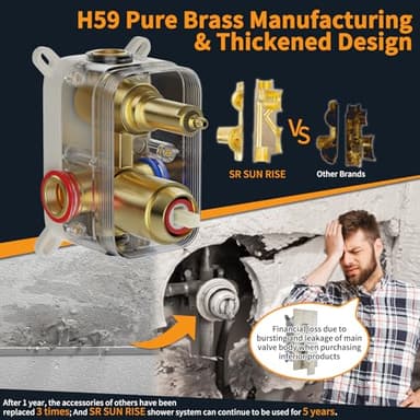 SR SUN RISE Shower Faucets Sets Complete Brushed Gold Square Rain Shower Head with Handheld Spray All Metal Shower Faucet Trim Repair Kits (Contain Shower Valve) - Image 3