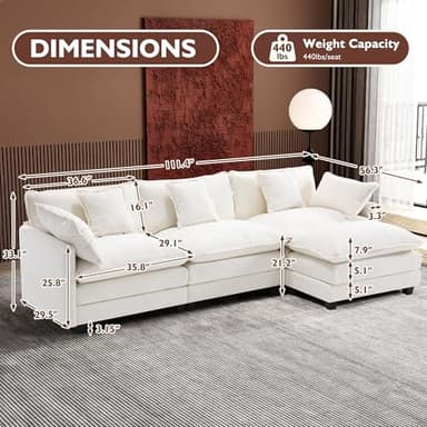Ihanherry 111.4" L Shaped Modern Sofa Modular Sectional Cloud Couch with Ottoman, 4-Seat Chenille Deep Seat Sofa with Pillow for Living Room, Bedroom and Apartment, Beige - Image 6