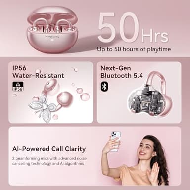 Kinglucky Jewelry-Inspired Clip-On Earbuds with Butterfly Earrings, Comfortable Fit & 50H Playtime Open Ear Bluetooth 5.4 Wireless Headphones for Women Gifts, Small Ears, Sports & Workouts (Rose Gold) - Image 6