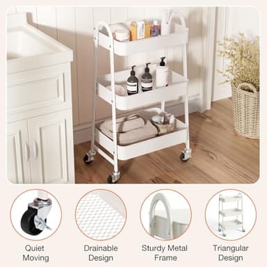 Sweetcrispy 3 Tier Metal Storage Utility Cart with Wheels, Kitchen Organizer Trolley Rolling Bathroom Laundry Room Bar Office Shelves Mobile Shelving Unit Caster for Snack Bedside Narrow Places, White - Image 2