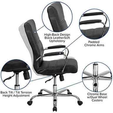 Flash Furniture Whitney High-Back Swivel LeatherSoft Desk Chair with Padded Seat and Armrests, Adjustable Height Padded Office Chair, Black/Chrome - Image 4