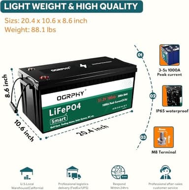OGRPHY 48 Volt Lithium Battery for Golf Cart with 18A Charger, 48V Lithium Battery with 200A BMS, LCD & Mobile Monitor, 5.12kWh with 10.24kW Output, 1000A Peak Current for Golf Cart(100AH) - Image 2