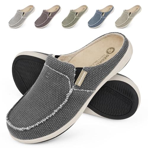 Mens Slippers with Arch Support, Canvas House Slipper for Men with Suede Insole and Velvet Lining, Slip on Clog House Shoes with Indoor Outdoor Anti-Skid Rubber Sole, Black, 9.5 - Image 1