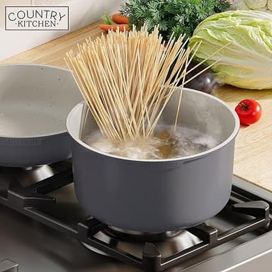 Country Kitchen Cookware Set with Removable Handle, Oven & RV Safe Pots and Pans Set, Grey/Ivory Wood Handle, Original - Image 8