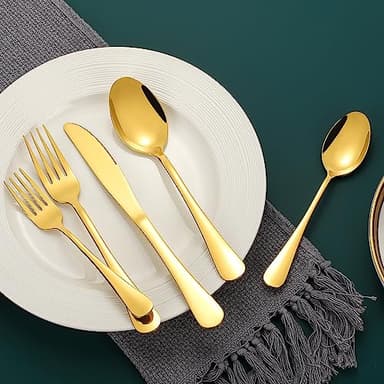 Gold Silverware Set for 12, Compralo 60 Pieces Stainless Steel Shiny Gold Flatware Set, Cutlery Tableware Set Include Spoons, Forks, Knives for Home and Restaurant - Image 4