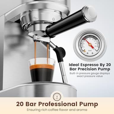 ANYCOLD Espresso Machine 20 Bar, Compact Espresso Maker, Stainless Steel Expresso Coffee Machines with Steam Milk Frother & 34oz Removable Water Tank for Home Latte, Cappuccino, Silver - Image 2