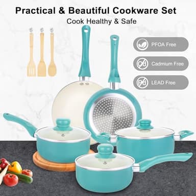 M MELENTA Pots and Pans Set Nonstick, 11pcs Kitchen Cookware Sets Induction Cookware, Ceramic Non Stick Cooking Set, Stay Cool Handle & Bamboo Kitchen Utensils, 100% PFOA Free, Turquoise - Image 6