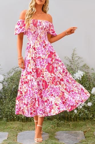 PRETTYGARDEN Women's Casual Summer Midi Dress Puffy Short Sleeve Square Neck Smocked Tiered Ruffle Dresses (Floral Rose Red,Medium) - Image 7