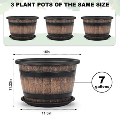 Quarut Large Plastic 3 Pack16 inch Plant Pots,Whiskey Barrel Planters with Drainage Holes & Saucer.Flower Pots Imitation Wine Barrel Design for Indoor & Outdoor Garden Balcony Plants.7 Gallons(Brown) - Image 2