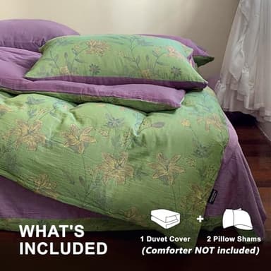 VM VOUGEMARKET Linen Cotton Jacquard Duvet Cover Queen,3 Pcs Yarn-Dyed Textured Duvet Cover Set Green Purple Floral Bedding Breathable, Natural Wrinkled Look-No Comforter - Image 3
