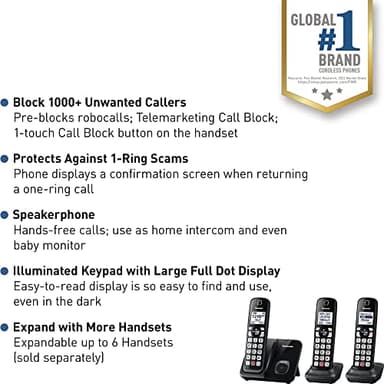 Panasonic Cordless Phone with Advanced Call Block, Bilingual Caller ID and Easy to Read Large High-Contrast Display, Expandable System with 3 Handsets - KX-TGD813B (Black) - Image 2