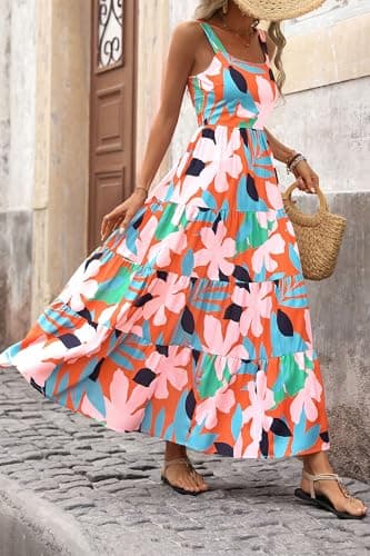 PRETTYGARDEN Women's Summer Floral Maxi Dress Sleeveless Smocked Ruffle Long Flowy Beach Vacation Boho Sundresses (Floral Orange Pink,Large) - Image 5