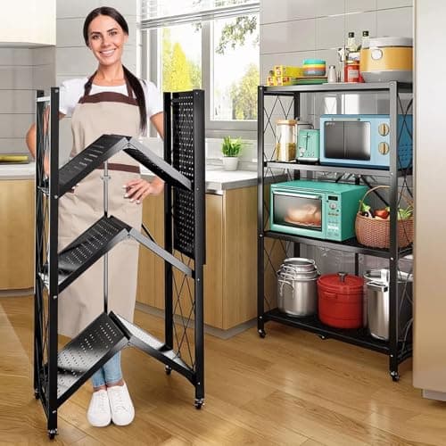 BRIGHTSHOW 4 Tier Storage Shelves Unit, Foldable Garage Shelving Metal Wire Shelf Rack, No Assembly Baker Rack Organizer Microwave Stand for Kitchen, Basement, Pantry, Laundry Room (4 tire Shelf) - Image 1