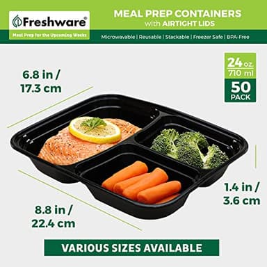 Freshware Meal Prep Containers [50 Pack] 3 Compartment Food Storage Containers with Lids, Bento Box, BPA Free, Stackable, Microwave/Dishwasher/Freezer Safe (24 oz) - Image 2