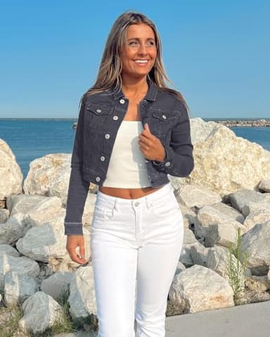 Luvamia Women's Long Sleeve Button Down Stretchy Denim Jean Jacket - Cropped, Dressy Utility Style in Faded Black - Size X-Large (Fits 16/18) - Image 4