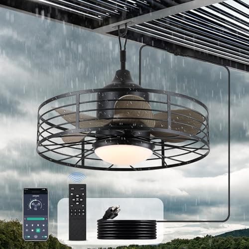 jazimar Outdoor Caged Ceiling Fan with Lights, 20" Waterproof Plug-in Fixtures, App/Remote Control, 3 Color Temperatures LED, 6 Speed Reversible DC Motor, for Indoor Farmhouse Porch Patios - Image 1