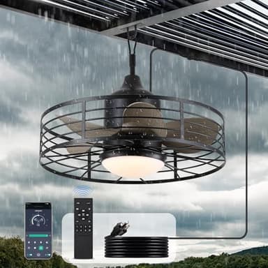jazimar Outdoor Caged Ceiling Fan with Lights, 20" Waterproof Plug-in Fixtures, App/Remote Control, 3 Color Temperatures LED, 6 Speed Reversible DC Motor, for Indoor Farmhouse Porch Patios - Image 1