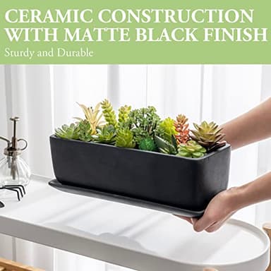 MyGift 14 Inch Ceramic Indoor Plant Pot, Rectangular Succulent Planter, Decorative Flower Planter with Drainage Hole and Removable Tray, Matte Black - Image 4