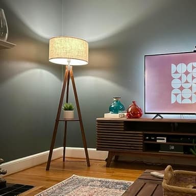 LEPOWER Tripod Floor Lamp, Mid Century Wood Standing Lamp, Modern Design Shelf Floor Lamp for Living Room, Bedroom, Office, Flaxen Linen Shade with E26 Base Brown - Image 8