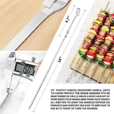 Kabob Skewers 14" Stainless Steel Long BBQ Barbecue Skewers, Flat Metal Kebob Sticks Wide Reusable Grilling Skewers for Meat Chicken, Set of 12pcs with Storage Bag by JY COOKMENT - Image 3