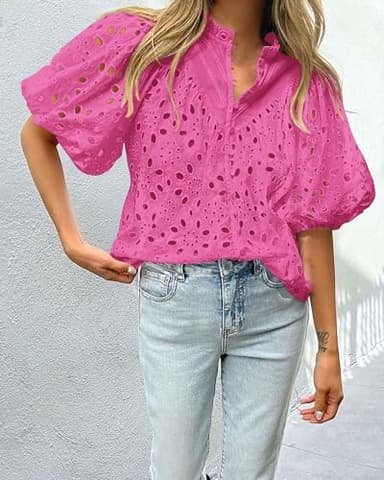 PRETTYGARDEN Women's Summer Tops 2025 Dressy Casual Short Sleeve V Neck Buttons Hollow Out Lace Embroidered Blouses Shirts (Rose Pink,Small) - Image 3