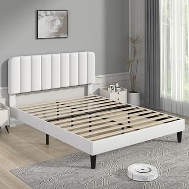 VECELO Full Size Bed Frame with Upholstered Headboard, Velvet Platform Bedframe Mattress Foundation, Strong Wood Slat Support, No Box Spring Needed,White - Image 5