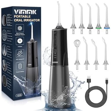 VIMMK Water Flosser, Cordless Water Dental Flosser, 9 Jet Tips 5 Modes 300ML IPX7 Waterproof, Portable Rechargeable Oral Irrigator for Home Travel - Gums, Orthodontic, Braces Care - Black - Image 1