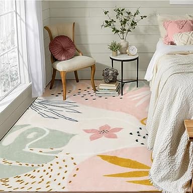 Lahome Pink Rug for Living Room - 5x7 Area Rug Washable Non-Slip Boho Rugs for Bedroom Throw Cute Soft Kids Nursery Rug, Abstract Botanical Print Carpet for Classroom Dorm Entryway Office Dining Room - Image 6