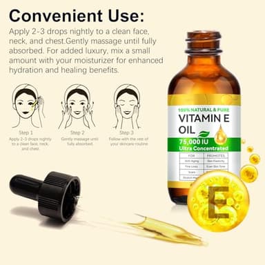 Vitamin E Oil, 75,000 IU, 100% Pure & Natural Vitamin E Oil for Skin, Face, Hair, Nails & Scars, Body Bath Moisturizing Dry Skin and Winkles, Non-GMO & Vegan (2 Fl Oz (Pack of 1)) - Image 5