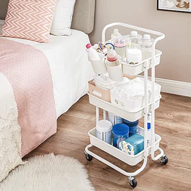 SONGMICS Rolling Cart, 3-Tier Storage Cart, Storage Trolley with Handle 2 Small Organizers, Steel Frame, Plastic Baskets, Utility Cart, Easy Assembly, for Bathroom Laundry Room, White UBSC067W01 - Image 3