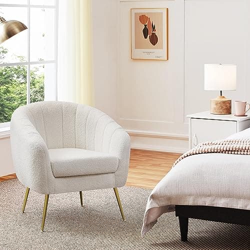 Yaheetech Sherpa Fabric Accent Chair, Modern Cozy Vanity Chair with Gold Metal Legs, Boucle Fabric Armchair with Removable Seat Cushion for Living Room Bedroom Office Guest Room, Ivory - Image 1