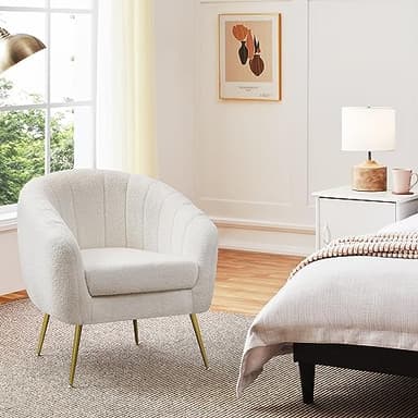 Yaheetech Sherpa Fabric Accent Chair, Modern Cozy Vanity Chair with Gold Metal Legs, Boucle Fabric Armchair with Removable Seat Cushion for Living Room Bedroom Office Guest Room, Ivory - Image 1