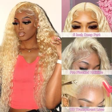 Boyusijf 613 Lace Front Wig Human Hair 613 Blonde Deep Wave 13x6 HD Transparent Lace Front Wig Human Hair Pre Plucked Blonde Wig Human Hair with Baby Hair 180% Density for Women(30inches 613 13x6 Wig) - Image 2