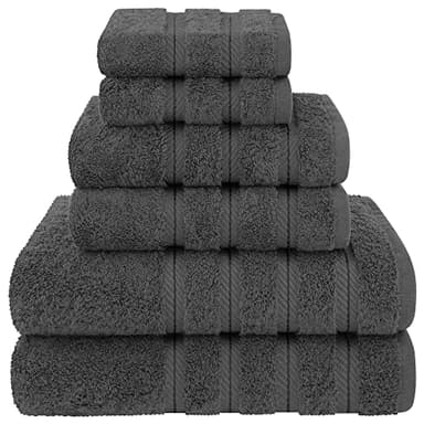 American Soft Linen Luxury 6 Piece Towel Set, 2 Bath Towels 2 Hand Towel 2 Washcloths, 600 GSM 100% Cotton Turkish Towels for Bathroom, Dark Gray Towel Sets - Image 1