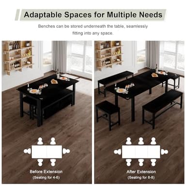 Feonase 5-Piece Dining Table Set for 4-8 People, 63" Large Extendable Kitchen Table Set with 2 Benches and 2 Square Stools, Dining Room Table with MDF Wood Board, Easy Assembly, Black - Image 4