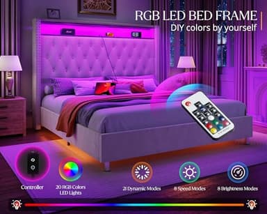 Jocisland Queen Size Bed Frame 53.6'' Tall Headboard LED Lights and Charging Station, Velvet High Upholstered Platform Bed Wingback Storage, No Box Spring Needed, No Motion Light Under Bed, Light Gray - Image 4