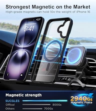 SUCGLES for iPhone 16 Case with MagSafe [Ultra Strong Magnetic] [12FT Military Drop Protection] [Shockproof Bumper] Slim Thin Mag Safe Phone Cover 6.1" for Apple iPhone16 (Black) - Image 2